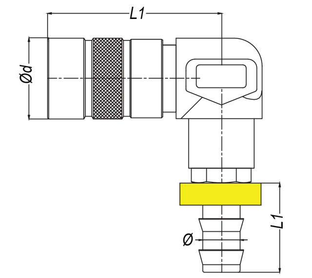 Flachdichtende 90°-Schlauchkupplung Push-On